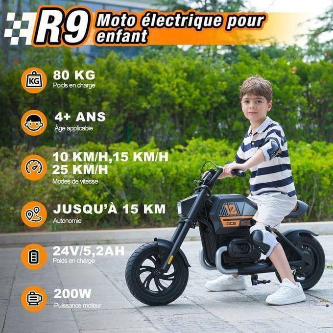 Moto Électrique Enfant - RCB - R9 - 200W - 25km/h - Lumières Ambiantes - Noir