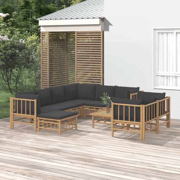 vidaXL - 10-delige - Loungeset - met - kussens - bamboe - donkergrijs