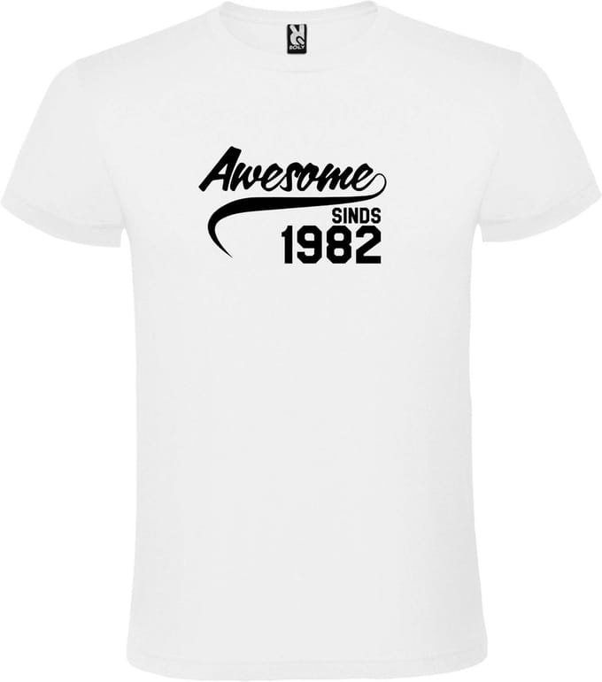 Wit T-shirt ‘Awesome Sinds 1982’ Zwart Maat M