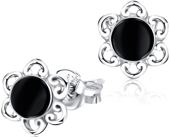 Joy|S - Zilveren classic bloem oorbellen jet black 8 mm
