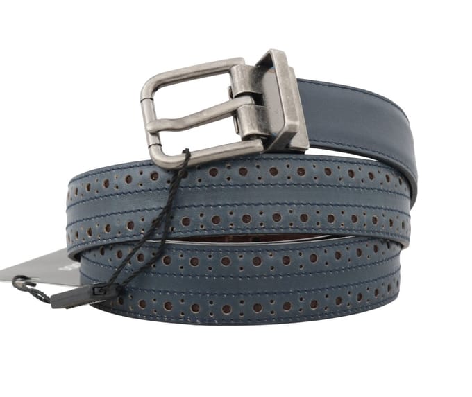 Dolce & Gabbana Blauwe Geperforeerde Leren Grijze Gesp Herenriem
