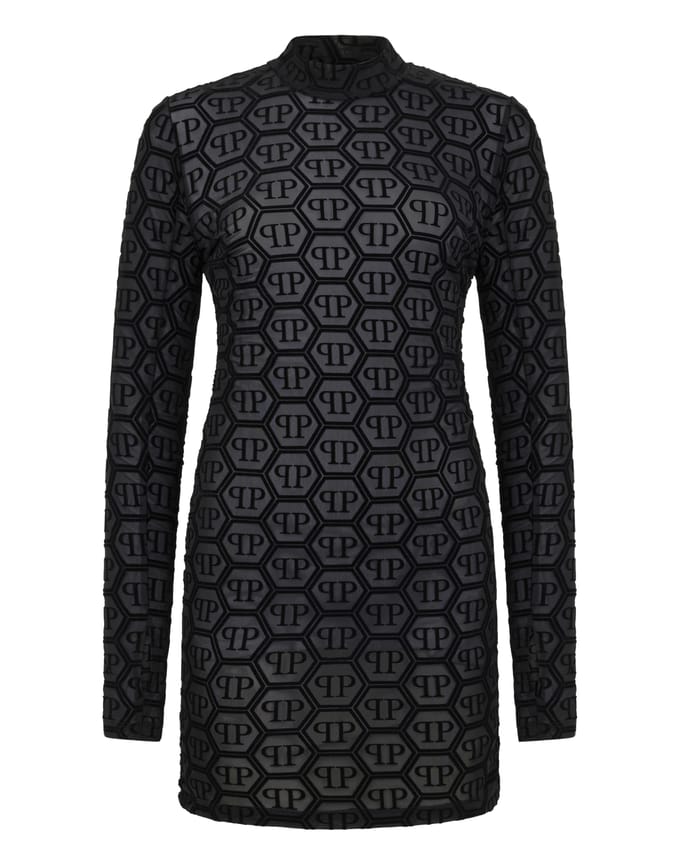 Tulle Long-Sleeved Mini Dress Monogram Jacquard