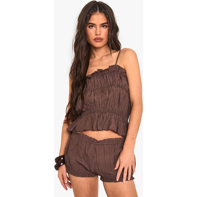 boohoo Dames Cami met getextureerde streep en ruches | Chocolate | Maat: 8