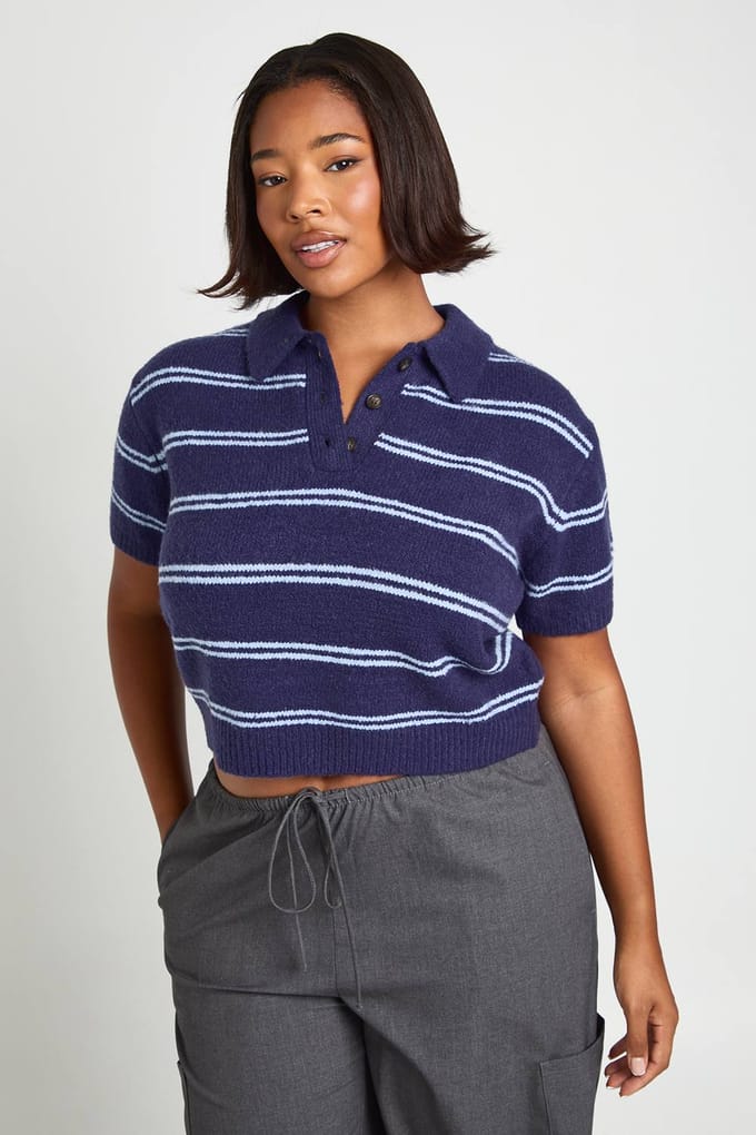 boohoo Dames Plus Kraag Gestreepte Gebreide Top | Blauw | Maat: 46
