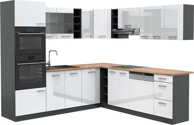 Vicco Hoekkeuken R-Line, Wit Hoogglans/Antraciet, 247 x 237 cm, WB Eik