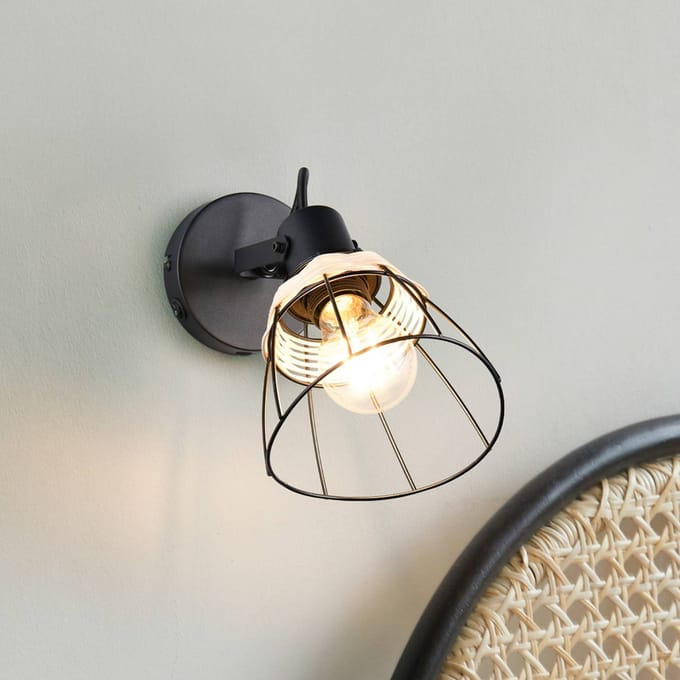 Reality Leuchten Wandlamp Jerome, Ø 14 cm, 1-lamp, matzwart, schakelaar