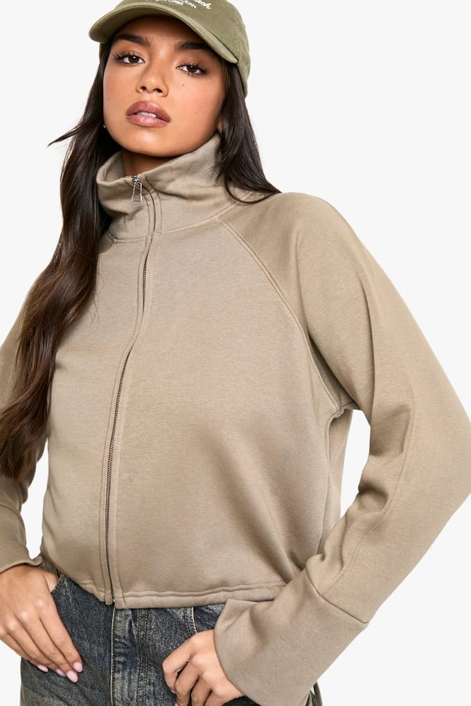 boohoo Dames Oversized Boxy Sweatshirt met Trechterkraag en Ritssluiting | Washed Khaki | Maat: Large