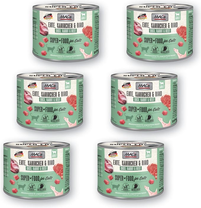 MAC's Kattenvoer Natvoer Blik 99% Eend, Konijn en Rund 6 x 200g