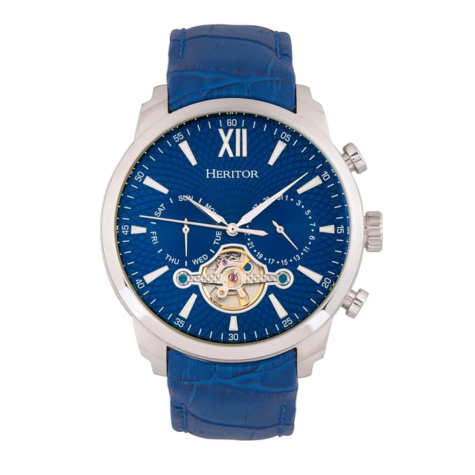 Heritor Automatic Arthur Semi-Skeleton leren band horloge met dag/datum - zilver/blauw