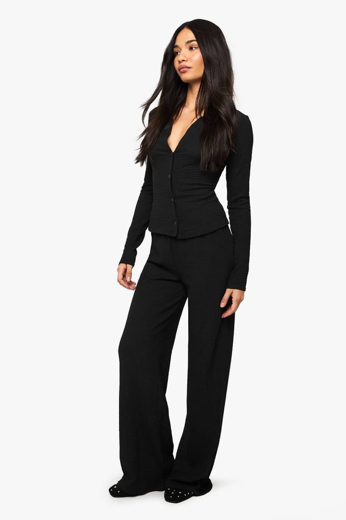 boohoo Dames Getextureerde wijde pijpenbroek | Black | Maat: 8