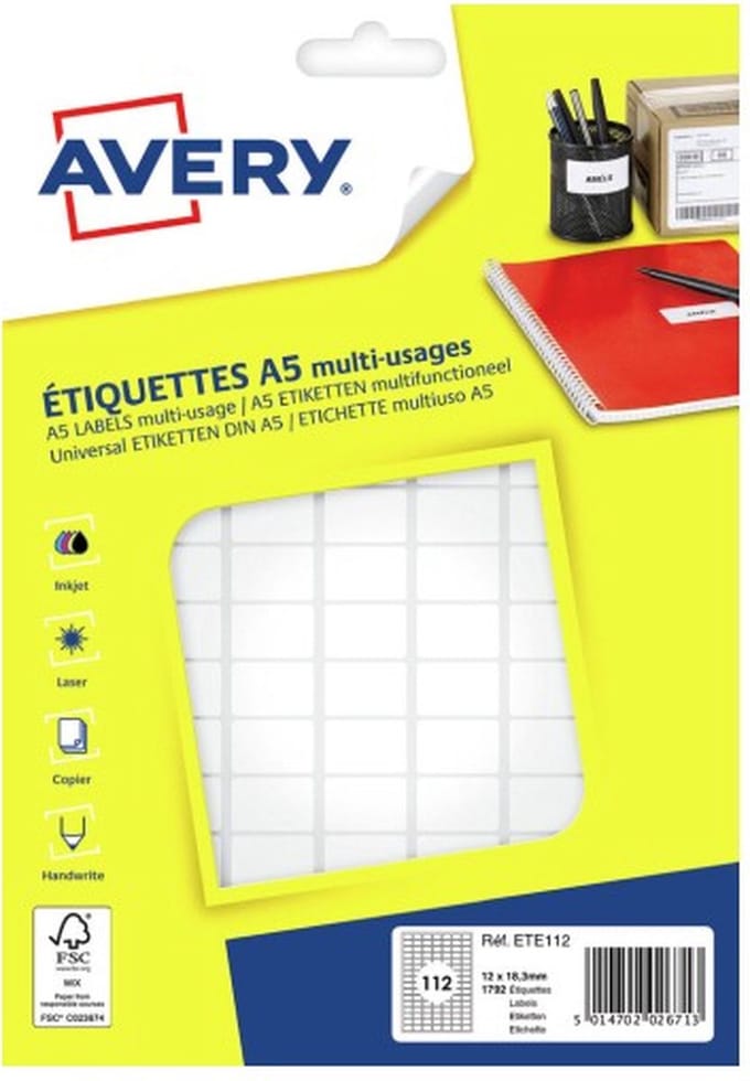 Avery ETE112 printeretiket Wit Zelfklevend printerlabel