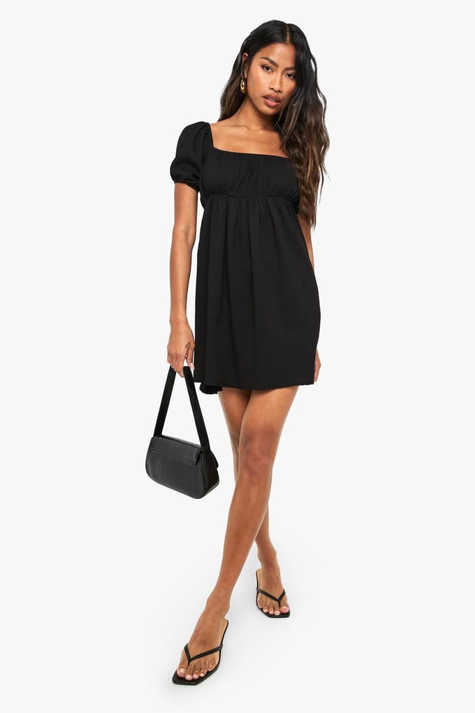 boohoo Dames Pofmouwen Smock Mini Jurk | Black | Maat: 8