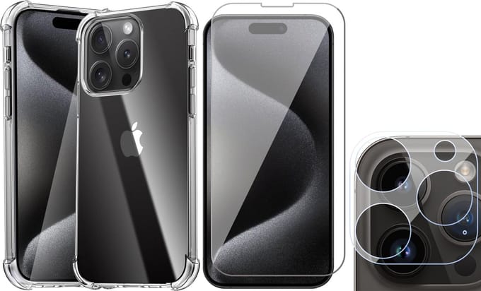 Hoesje geschikt voor iPhone 15 Pro Max - Screenprotector GlassGuard & Camera Lens Screen Protector - Back Cover Case ShockGuard Transparant