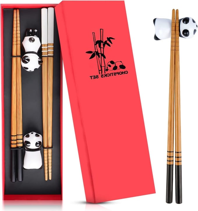 Bamboevormige keramische eetstokjeshouder met herbruikbare Chinese stijl eetstokjes, elegante geschenkdoos (2 paar)
