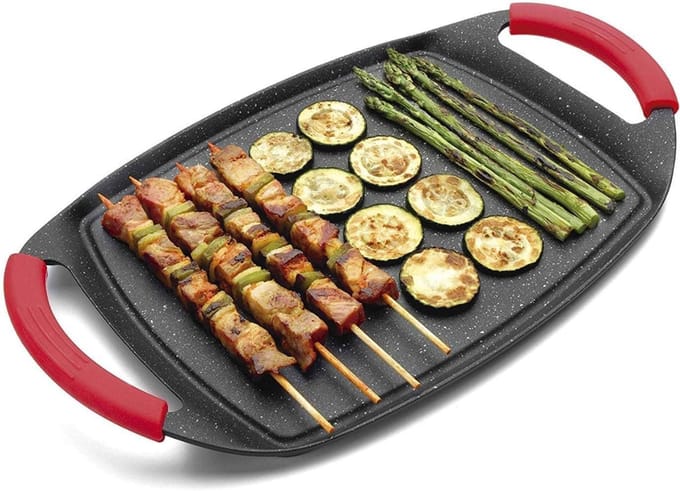 Grillplaat Inductie - Bakplaat - Gietijzer - Zilver en Rood