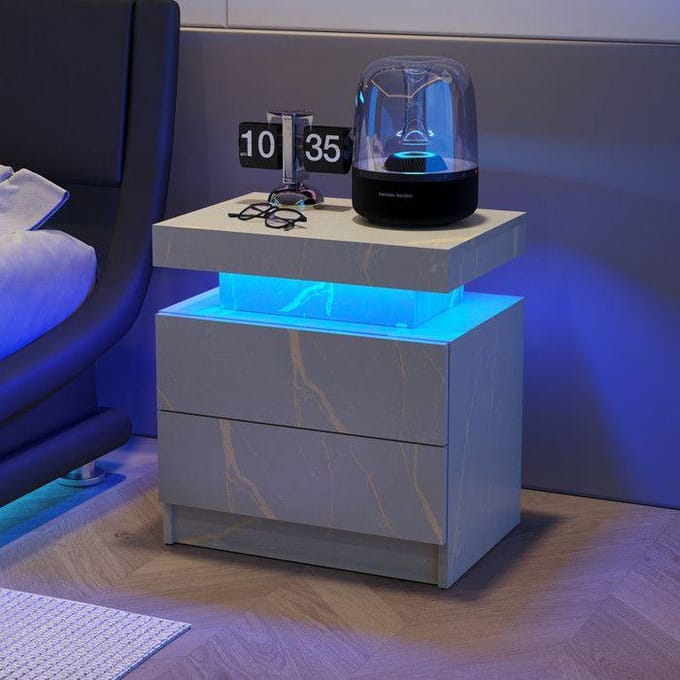 Table de nuit - MUVOE - Modèle LED - 2 tiroirs - LED multicolores réglables - Gris Or gris