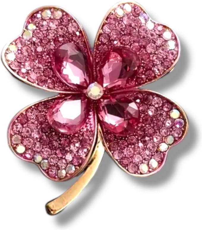 Luxueuze Klavertje Vier Broche met Roze Kristallen