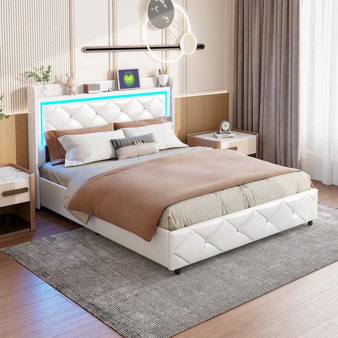 Opbergbed 140x200 Wit – Bed met LED & USB-C – Gestoffeerd Tweepersoonsbed