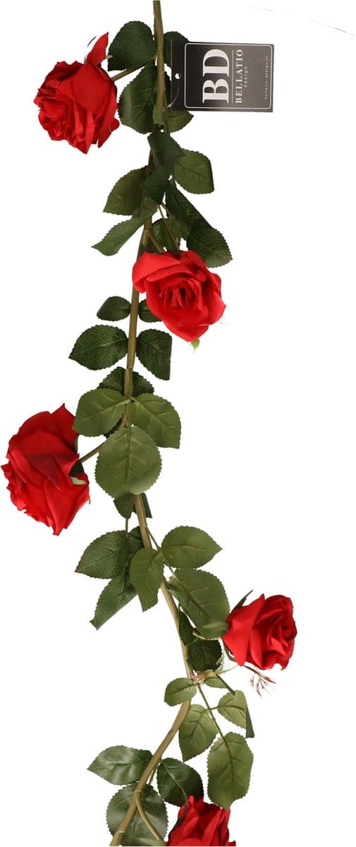 Bellatio Design Kunstbloem slinger rozen - 145 cm - rood - bruiloft versiering - guirlande - decoratie