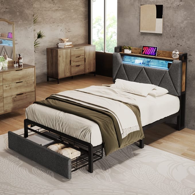 MODFU Eenpersoonsbed 90x200 cm – Grijs gestoffeerd – USB-C – LED – Opbergbord – 2 lades – Met matras