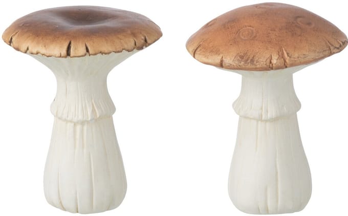 J-Line decoratie Paddenstoel - porselein - wit/bruin - small - 2 stuks