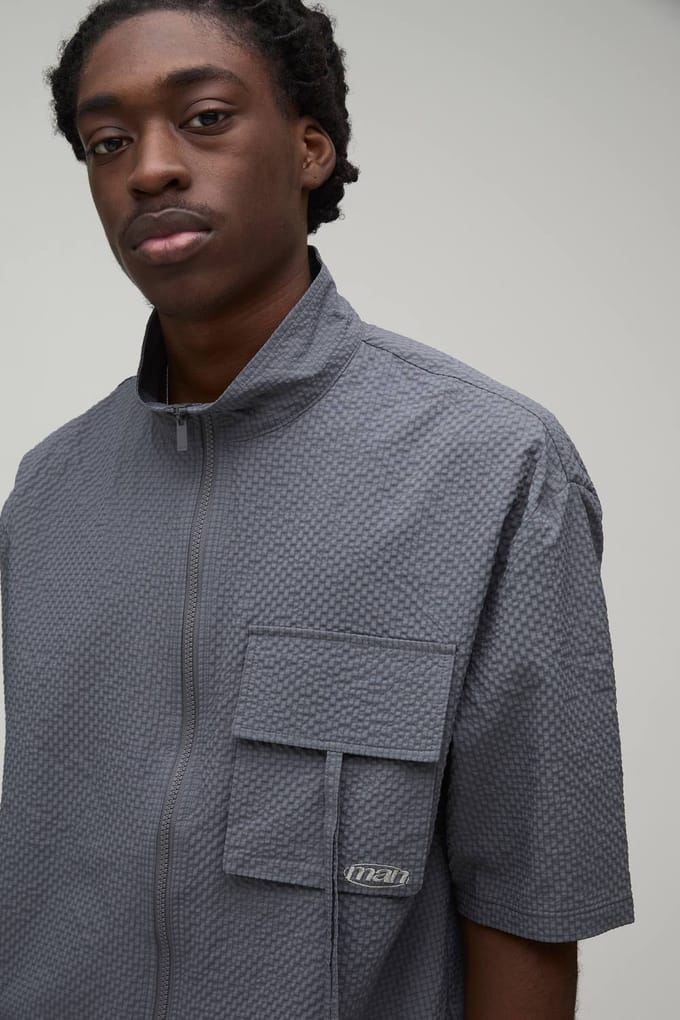 Oversized Funnel Neck Textured Ripstop Cargo Shirt & Longline Short Set | Charcoal | Size Medium