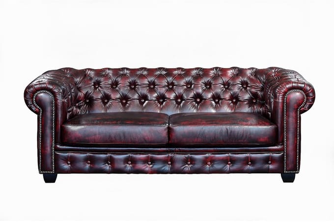 Vente-unique Driezitsbank en fauteuil Chesterfield BRENTON 100% buffelleer - cherry