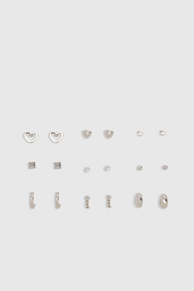 boohoo Dames Zilveren stud oorbel 9-pack