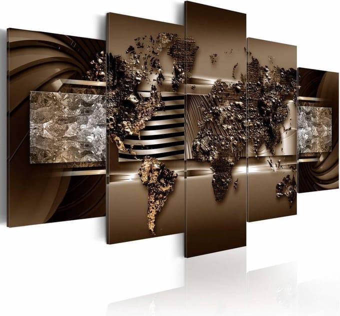 Schilderij - Wereldkaart - Chocolade Wereld, 5luik , wanddecoratie , premium print op canvas
