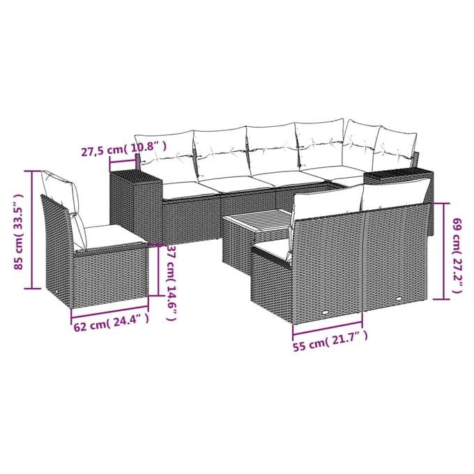 vidaXL - 9-delige - Loungeset - met - kussens - poly - rattan - grijs