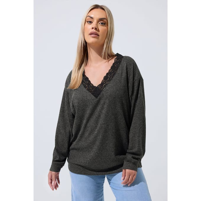 Limited Collection Grijze Geribbelde Top Met Kanten Afwerking Size 48