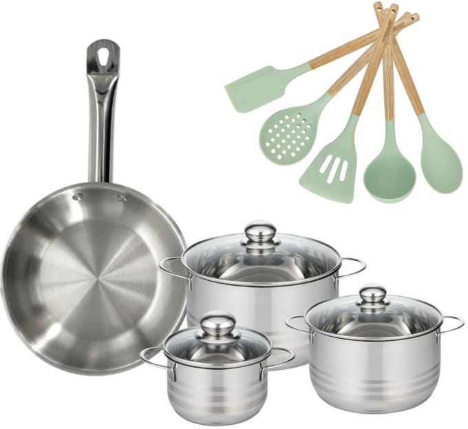 Set Koekenpan 28cm en 3 Kookpannen 16/20/24cm Fackelmann Etherna met 5 keukengerei