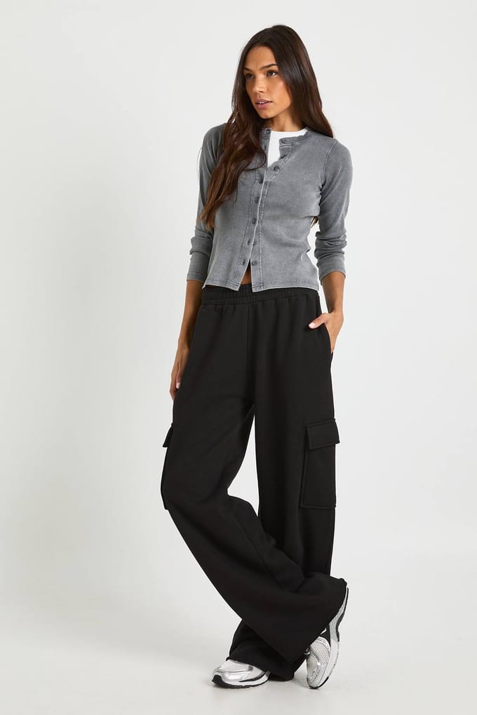 boohoo Dames Lange cargo joggers met wijde pijpen | Zwart | Maat: Small