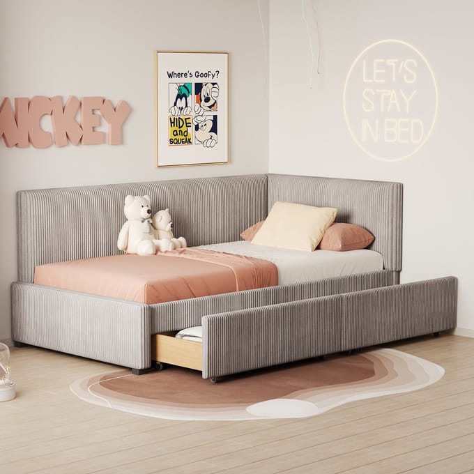 REDOM Ledikant 90x200 cm – Mid-century fluweel – 2 uitneembare opberglades – Grijs – Multifunctioneel