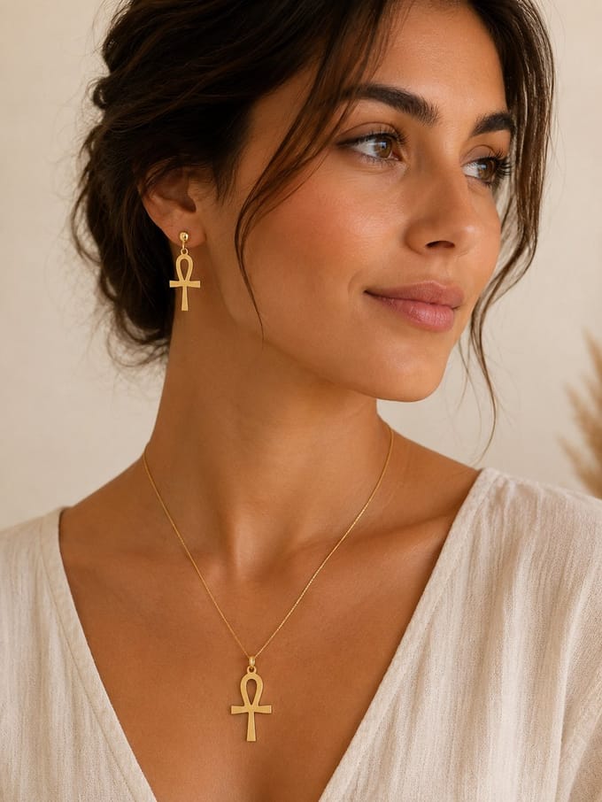 Hetty'S - Goldplated Echt Zilveren Set – Oorhangers + Collier met Hanger – Model “Ankh”