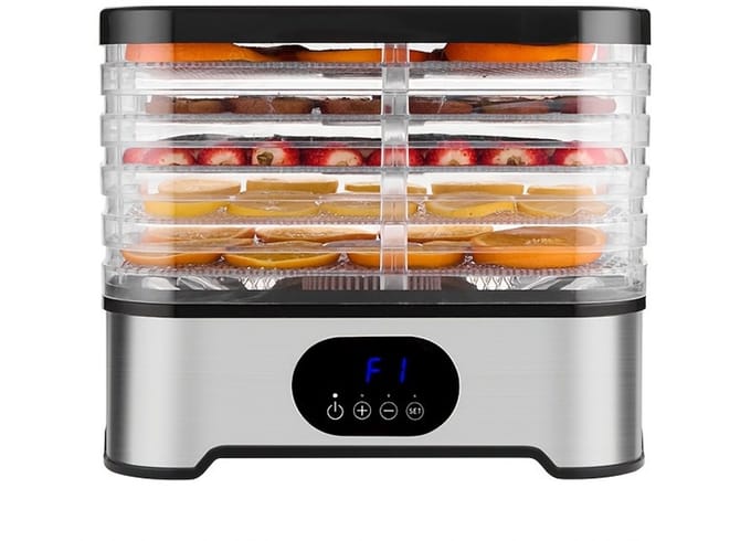 Zilveren voedseldroger 5-laags met timer en temperatuurregeling voor fruit vlees groenten en snacks