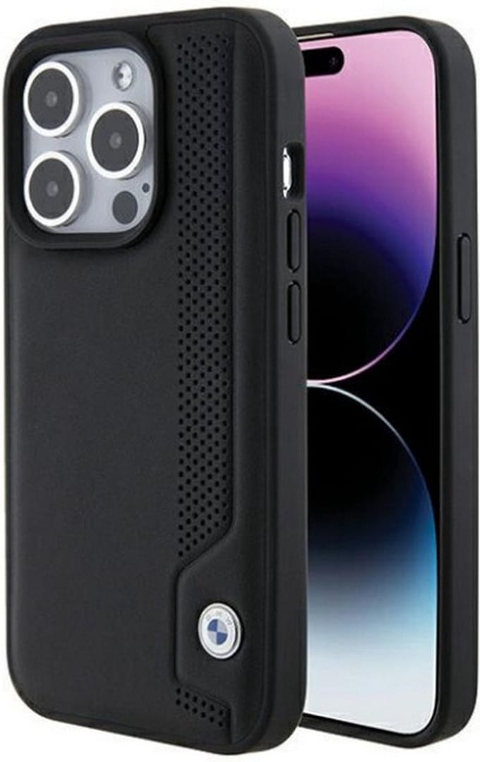 iPhone 15 Pro Max Backcase hoesje - BMW - Effen Zwart - Leer