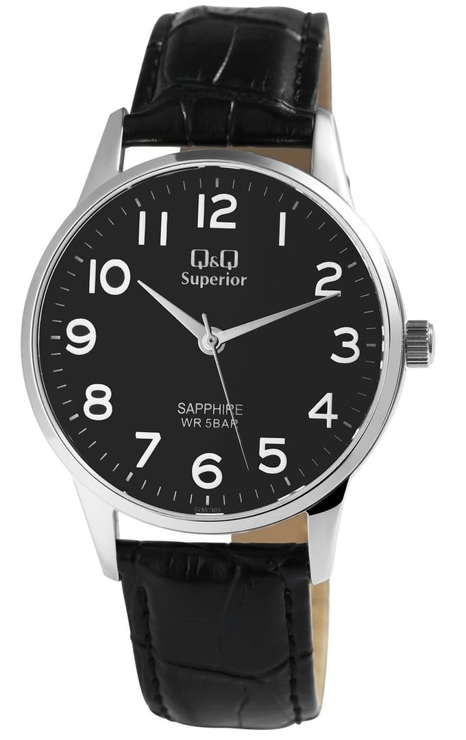 Q&Q Herenhorloge echt leer zilverkleurig, 5 ATM