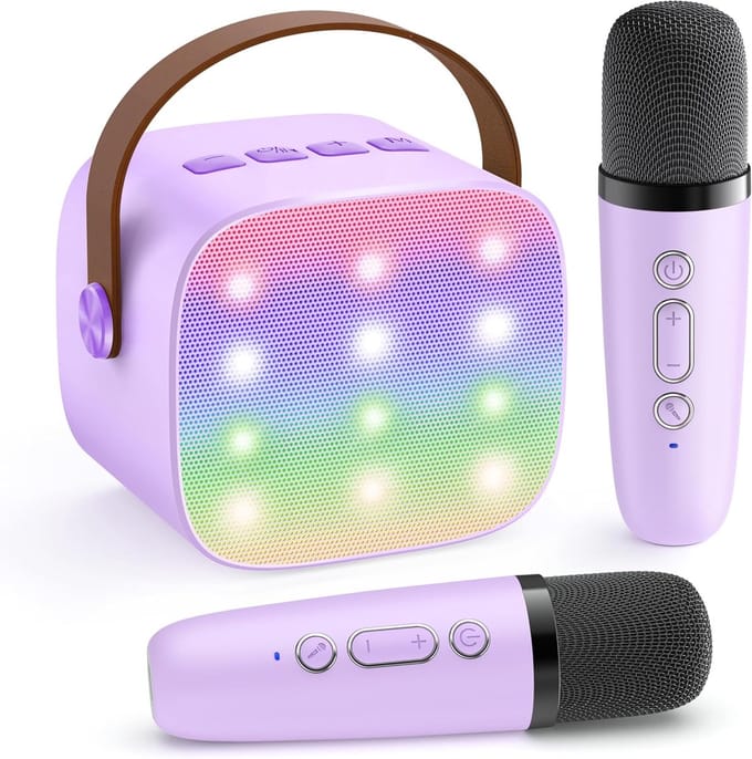 Karaokemachine, Bluetooth-karaoke, met 2 microfoons, karaokesysteem, stemvervormende effecten en ledverlichting.
