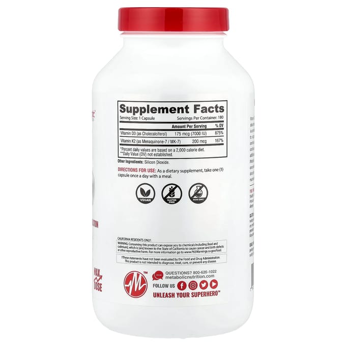 Metabolic Nutrition, Vitamine D3 + K2, 180 Capsules
