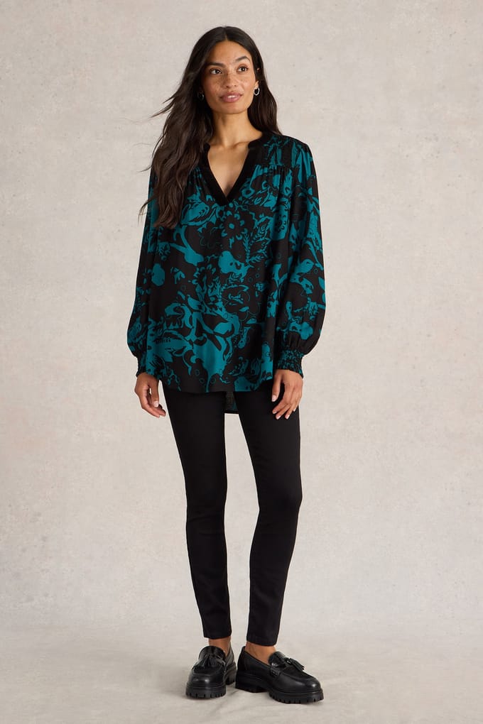White Stuff Bay Print Longline Top Teal Multi Größe: 12 PETITE | Blusen Outlet | Damen | Cyan