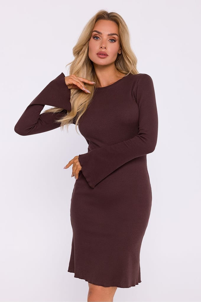 Ribbed Flare Knit Dress - Braun / S/M