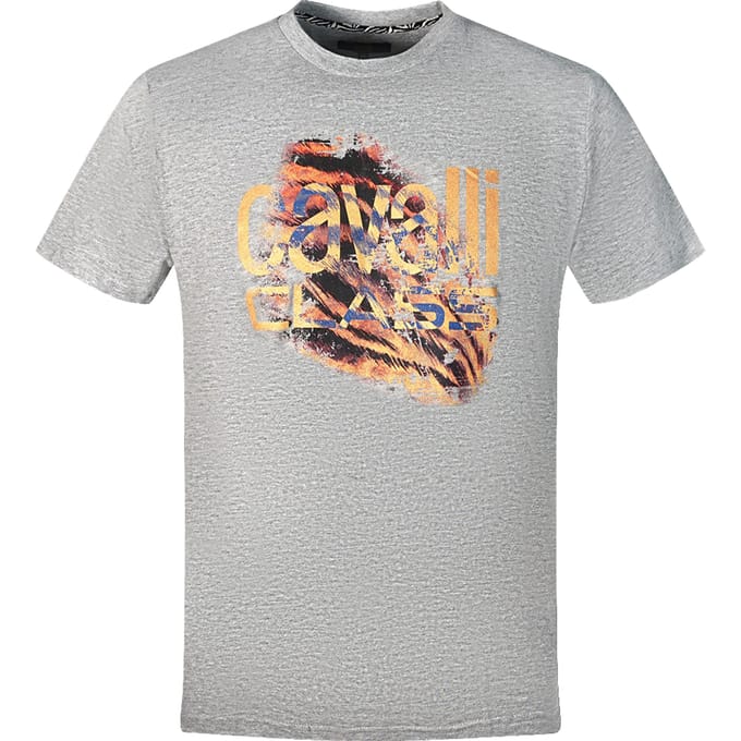 Cavalli Class Gescheurde Tijgerprint Duidelijk Logo Grijze T-Shirt
