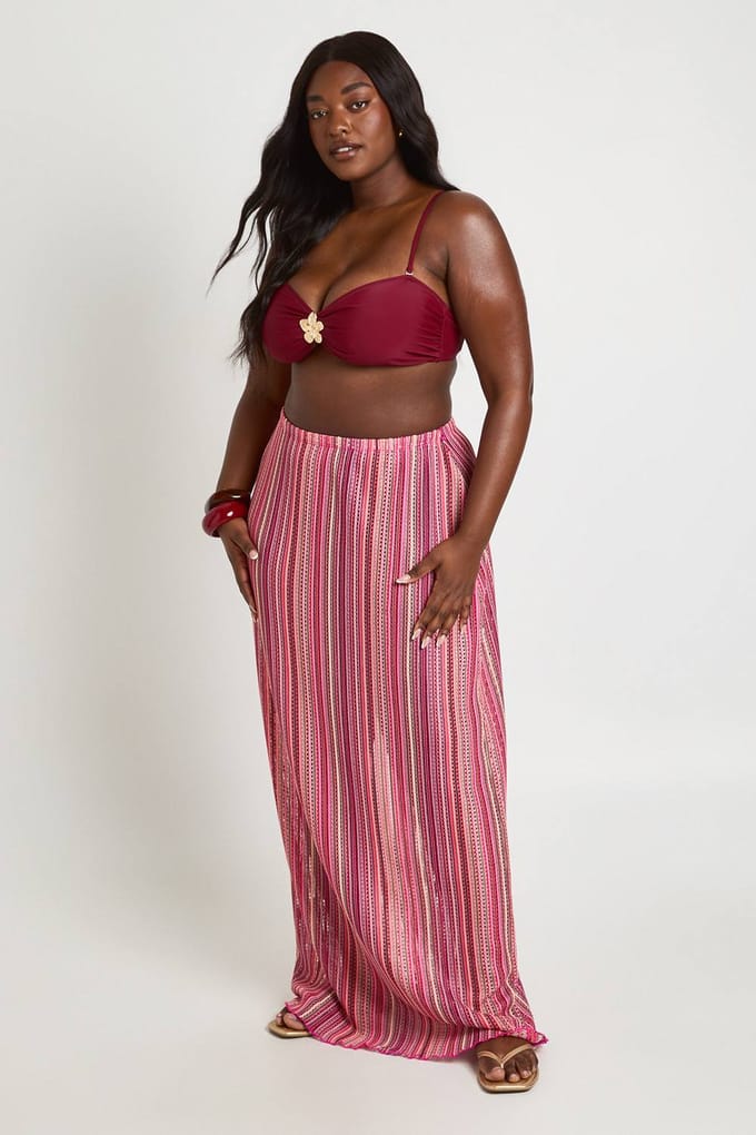 boohoo Dames Plus Gebreide Gestreepte Maxi Rok | Roze | Maat: 48