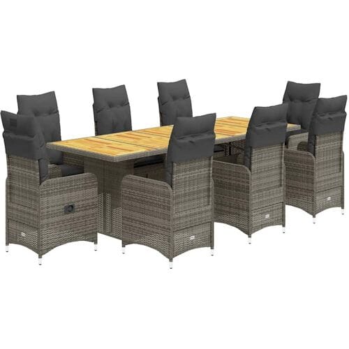 vidaXL - 9-delige - Bistroset - met - kussens - poly - rattan - grijs