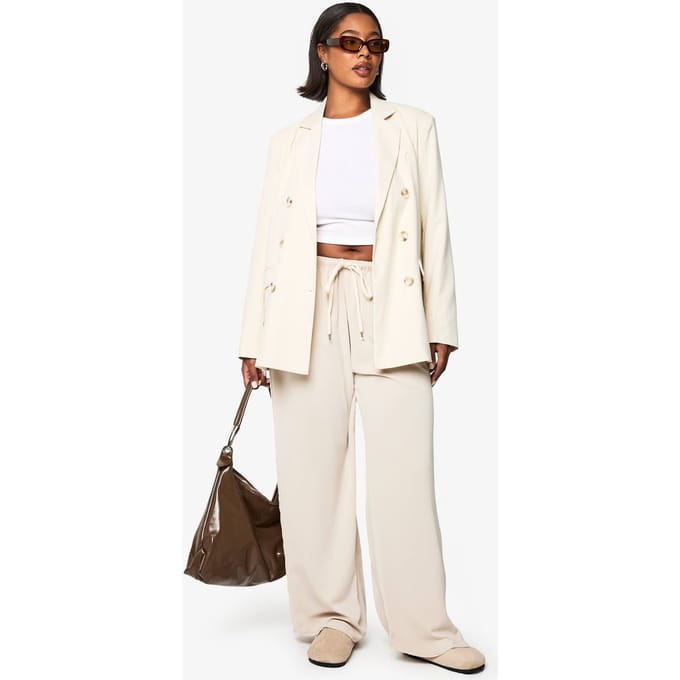 boohoo Dames PLUS TREKKOORD BROEK MET WijDE BENEN | Steen | Maat: 48