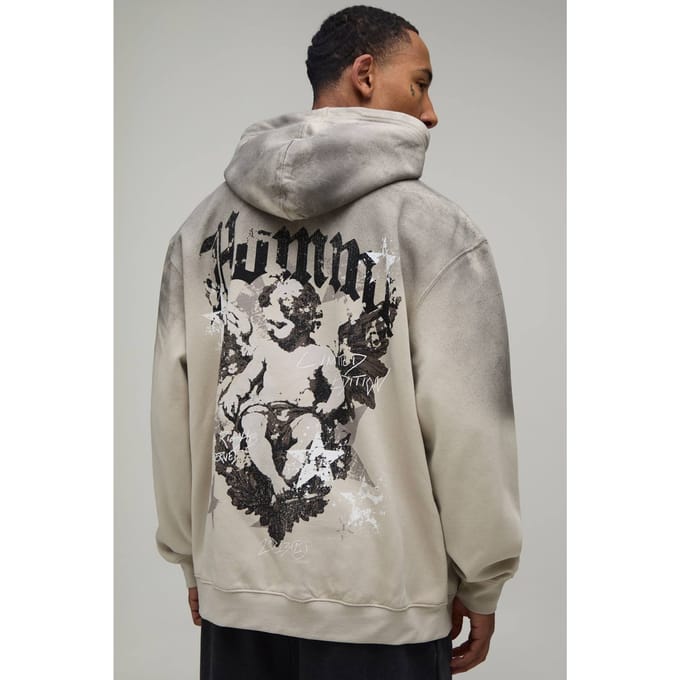Steenkleurige Oversized Hoodie Met Renaissance-print En Spray Wash | Stone | Size Medium