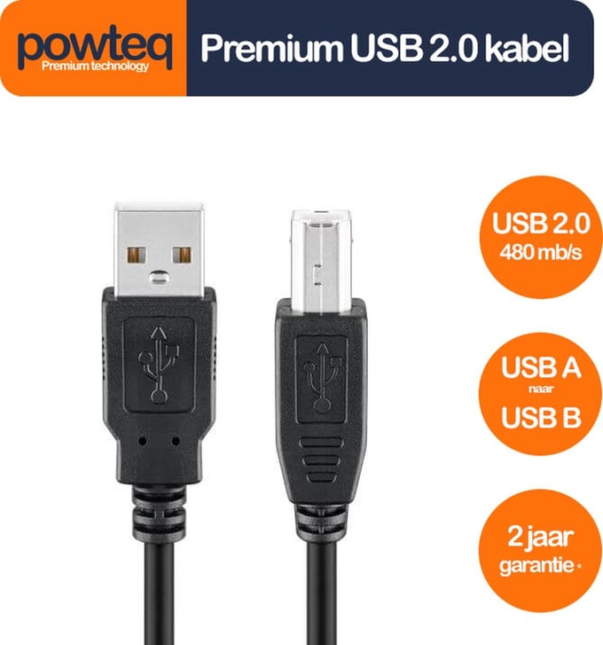 Powteq - 50 cm premium USB 2.0 kabel - USB A naar USB B - Printerkabel