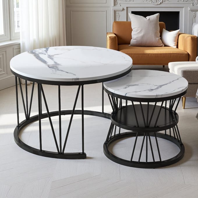 2-delige Ronde Salontafel Set – Zwarte V-Frame Poten + Wit Blad