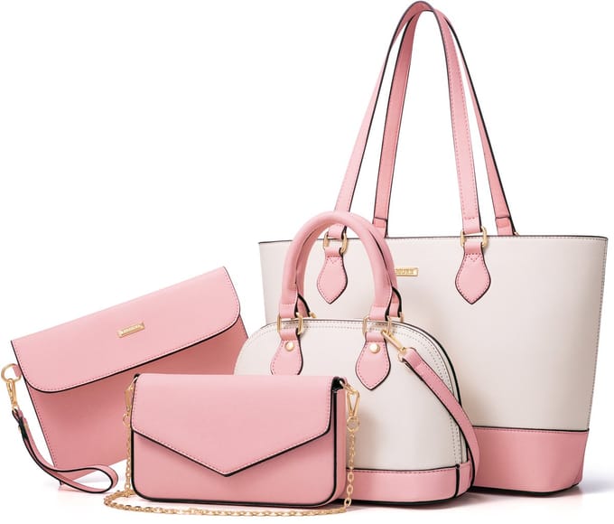 REDOM Dames Handtas Schoudertas Set van 4 - Stijlvol Design - Handtas Dames - Shopper Tas - Kantoor - School - Winkelen - Reizen - Kunstleer - Roze/Wit